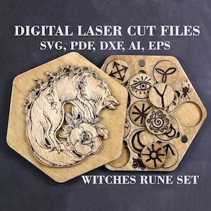 Fox sorcière rune ensemble dans une boîte en bois SVG outil de Divination svg Wiccan décor svg sorcellerie svg fichiers numériques découpés au laser fichiers GlowForge