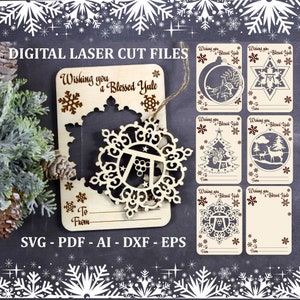Tarjeta de felicitación de Navidad de madera SVG Yule árbol ornamento conjunto de 5 svg Tarjetas de solsticio de invierno Archivo de corte láser digital Archivos GlowForge Archivos Lightburn
