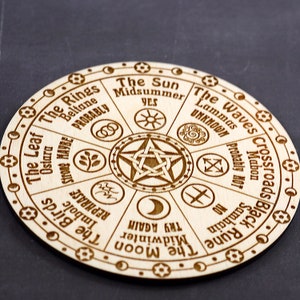 K&ouml;nnte beinhalten: Ein Holzrad mit einem Pentagramm in der Mitte und acht Abschnitten am Rand. Jeder Abschnitt hat einen Namen und ein Symbol. Die Namen beinhalten "Die Sonne", "Die Wellen", "Die V&ouml;gel", "Der Mond", "Das Blatt", "Die Ringe", "Kreuzung", und "Schwarze Rune".