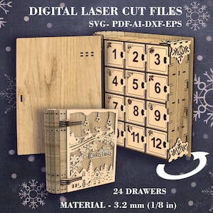 Peut inclure: Calendrier de l'Avent en bois découpé au laser avec 24 tiroirs, sur le thème de Noël. Il affiche les chiffres 1 à 12 et une scène festive. Le matériau mesure 3,2 mm d'épaisseur.