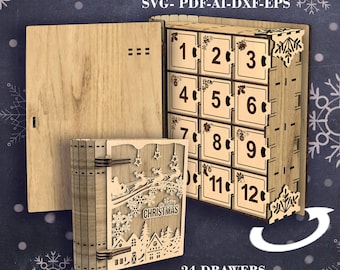 Advent Calendar Book SVG: 24 Drawer Christmas Countdown Laser Cut Files for Glowforge xTool (3.2 mm (1/8")