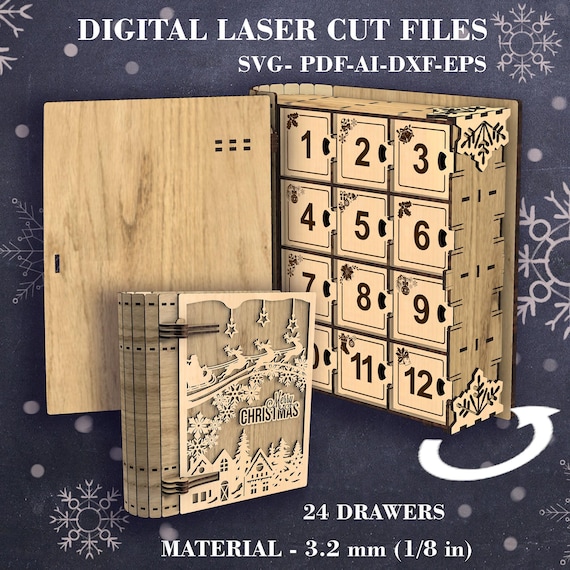 Advent Calendar Book SVG: 24 Drawer Christmas Countdown Laser Cut Files for Glowforge xTool (3.2 mm (1/8")