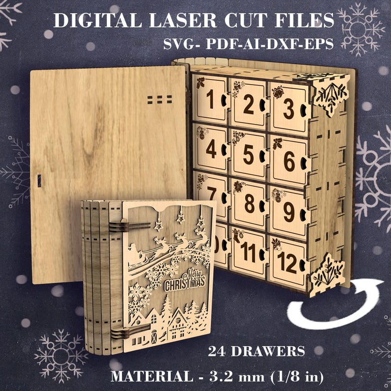 Peut inclure: Calendrier de l'Avent en bois d&eacute;coup&eacute; au laser avec 24 tiroirs, sur le th&egrave;me de No&euml;l. Il affiche les chiffres 1 &agrave; 12 et une sc&egrave;ne festive. Le mat&eacute;riau mesure 3,2 mm d'&eacute;paisseur.