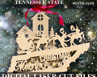 Adorno navideño con luz en formato SVG del estado de Tennessee, archivo láser para adorno multicapa, reno y Papá Noel voladores, archivo digital GlowForge de Xtool