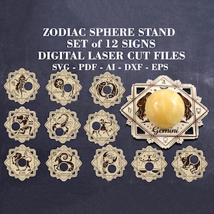 Dierenriem bol stand set van 12 stuks SVG houten kristallen bol staan svg metafysisch decor GlowForge-bestand digitale lasergesneden bestanden Lightburn-bestand