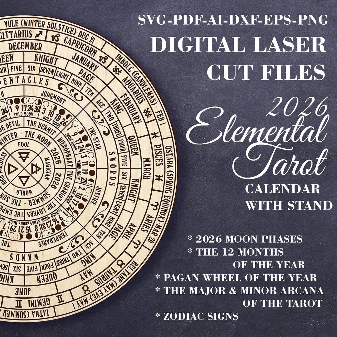 Elemental Sign Wheel 2026 Elemental Tarot Wheel of the Year SVG Lunar Calendar With Stand ...