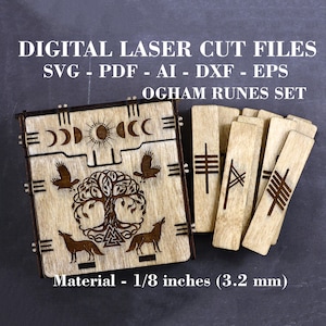 Puede incluir: Un conjunto de runas Ogham de madera cortadas con láser con una caja de madera que presenta un diseño de árbol de la vida, fases lunares, cuervos y lobos. La caja tiene un grosor de 3,2 mm (1/8 de pulgada).  ARCHIVOS DE CORTE LÁSER DIGITAL SVG - PDF - AI - DXF - EPS CONJUNTO DE RUNAS OGHAM Material - 3,2 mm (1/8 de pulgada)