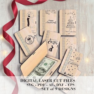 Puede incluir: Una colección de nueve diseños de pinzas para billetes de madera con gráficos y texto cortados con láser, incluyendo "Happy Anniversary", "Happy Easter" y "Merry Christmas". Un clip está abierto, revelando un billete de 100 $. La imagen también incluye el texto "DIGITAL LASER CUT FILES".