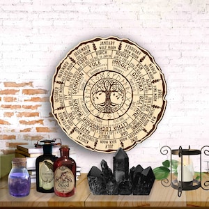 May include: A wooden circle featuring a tree of life design and a calendar of months with associated moon names, herbs, and holidays. The circle is brown with white text and is set against a white brick wall.