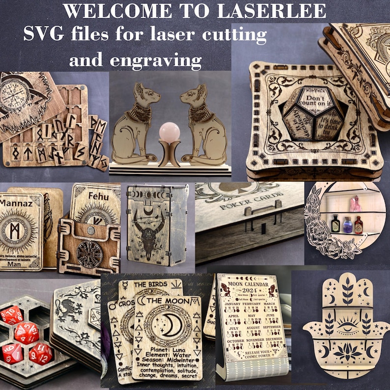 May include: A collection of laser cut wooden designs, including a moon calendar, a dice tower, a hamsa hand, a set of tarot cards, and a set of poker cards. The designs are all intricately detailed and feature a variety of symbols and patterns.