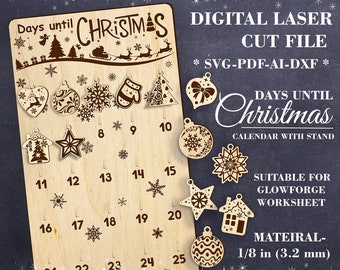 Days until Christmas SVG Wood Christmas countdown calendar with stand Digital laser cut file GlowForge file Lightburn files M- 1/8" (3.2 mm)