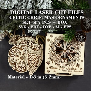 Enfeites de Natal celtas SVG Conjunto de 7 peças com caixa de presente Arquivos digitais de corte a laser Enfeites de árvore de Yule SVG Ornamento Viking svg Arquivo GlowForge