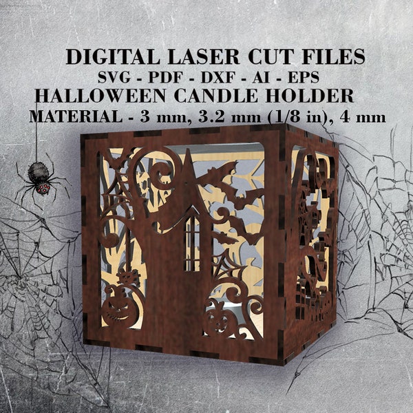 Halloween candle holder SVG Digital laser cut files Wooden Tea light holder svg Night light lamp svg Glowforge file / 3mm, 3.2mm (1/8"), 4mm