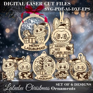 Merry Labubumas SVG-6 Labubu-geïnspireerde kerstversieringen digitale lasergesneden bestanden voor vakantiedecor GlowForge Lightburn Xtool-bestanden