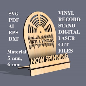 Vinyl platenstandaard svg houten tafelblad weergave svg lasergesneden bestanden GlowForge-bestanden Materiaal: 5 mm, 6 mm, 6,35 mm (1/4"), 7 mm