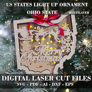 Ohio State ornament SVG Christmas Light up ornament laser file Multilayer ornament Flying Reindeer & Santa Digital GlowForge file Xtool