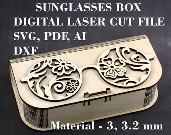 Zonnebrillendoos SVG, Zonnebrillenkoker vector bestand, Kleine houten kist svg, Laser gesneden bestanden, GlowForge bestanden, Materiaal - 3 mm, 3,2 mm