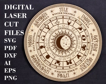 May include: A circular wooden sign with a brown sun and moon design. The sign features the names of the eight sabbats of the Wheel of the Year, including Yule, Imbolc, Ostara, Beltane, Litha, Lammas, Mabon, and Samhain. The sign also includes the dates of the solstices and equinoxes.