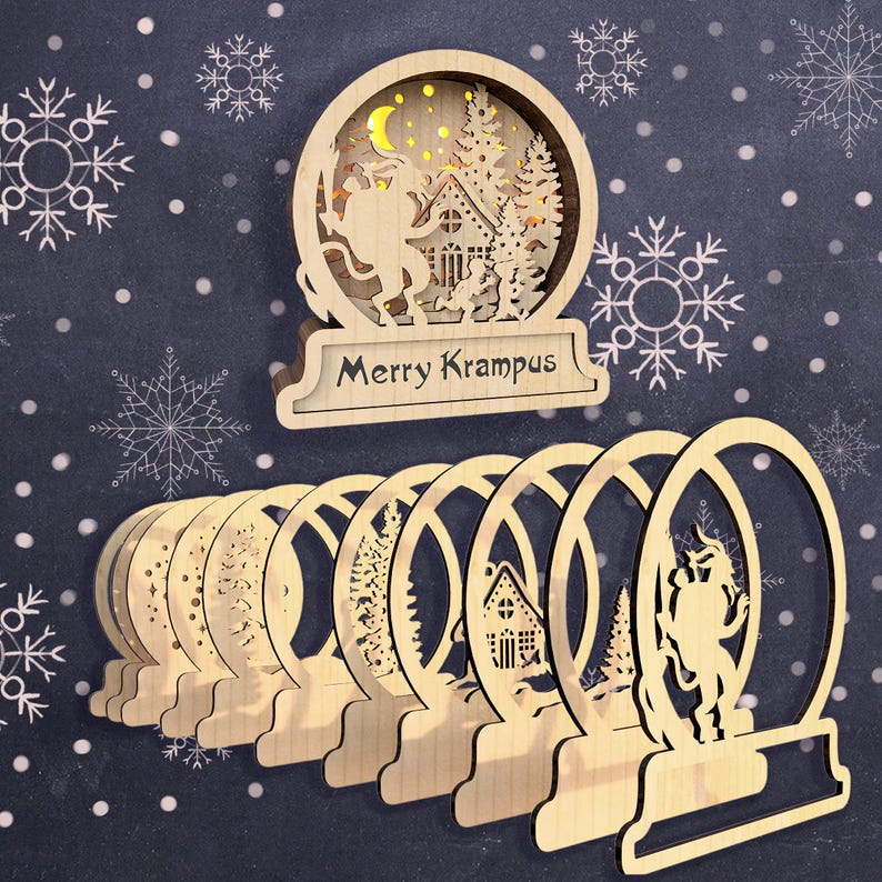 May include: A set of eight wooden Christmas ornaments featuring a Krampus figure, a house, and a tree. The ornaments are laser cut and have a delicate, intricate design. The top ornament has the text "Merry Krampus".