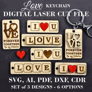 Llavero de amor SVG Llavero del día de San Valentín archivo cortado con láser Archivo Glowforge Conjunto de 3 diseños - 6 opciones Producto digital