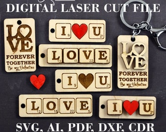 Kärleksnyckelring SVG Alla hjärtans dag-nyckelring laserskuren fil Glowforge-fil Set med 3 designer - 6 alternativ Digital produkt