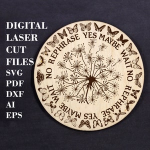 May include: A wooden round decision maker with a dandelion design and butterflies around the edge. The text on the edge reads "Yes Maybe Wait No Rephrase Yes Maybe Wait No Rephrase".