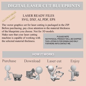 K&ouml;nnte beinhalten: Digitale Laser-Schnittvorlagen f&uuml;r Glowforge, SVG-, DXF-, AI-, PDF- und EPS-Dateien. Das Bild zeigt einen rosa Hintergrund mit dem Text "DIGITAL LASER CUT BLUEPRINTS" in einem wei&szlig;en Kasten oben. Unter dem Text befindet sich ein wei&szlig;er Kasten mit dem Text "GLOWFORGE ready!" in einem wei&szlig;en Kasten. Darunter befindet sich ein wei&szlig;er Kasten mit dem Text "LASER READY FILES SVG, DXF, AI, PDF, EPS". Darunter befindet sich ein wei&szlig;er Kasten mit dem Text "Der Vektorgrafik-Satz f&uuml;r den Laserschnitt ist im ZIP-Archiv verpackt. Achten Sie vor dem Kauf auf die Materialst&auml;rke der gew&auml;hlten Baupl&auml;ne. Nicht f&uuml;r 3D-Modelle. Stellen Sie sicher, dass Ihre Laser-Schneidemaschine mit der gew&auml;hlten Materialst&auml;rke arbeiten kann." Darunter befindet sich ein wei&szlig;er Kasten mit dem Text "PLEASE NOTE NO PHYSICAL PRODUCT WILL BE SHIPPED THIS LISTING IS FOR DOWNLOAD ONLY FOR MORE INFO CONTACT ME." Darunter befindet sich ein wei&szlig;er Kasten mit dem Text "HOW IT WORKS" in einem wei&szlig;en Kasten. Darunter befindet sich ein wei&szlig;er Kasten mit dem Text "Purchase Download Laser cut Enjoy" in einem wei&szlig;en Kasten. Darunter befindet sich ein wei&szlig;er Kasten mit vier Bildern von Strichm&auml;nnchen. Das erste Bild zeigt ein Strichm&auml;nnchen, das einen Einkaufswagen schiebt. Das zweite Bild zeigt ein Strichm&auml;nnchen, das an einem Computer sitzt und eine Zip-Datei auf dem Bildschirm hat. Das dritte Bild zeigt ein Strichm&auml;nnchen, das vor einem Laserschneider sitzt. Das vierte Bild zeigt ein Strichm&auml;nnchen, das ein fertiges Produkt h&auml;lt. Der Hintergrund ist rosa.