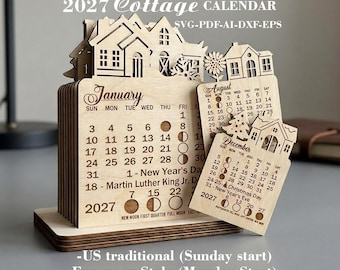 2027 Cottage Tabletop Calendar SVG - Wooden Houses Desk Calendar - Laser Cut Files - Instant Download