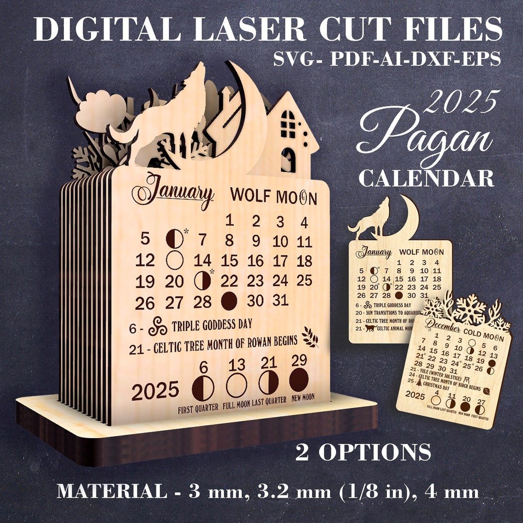 Tabletop 2025 Moon Pagan Calendar Stand Laser Cut Files Moon Phases Calendar SVG Wheel of the