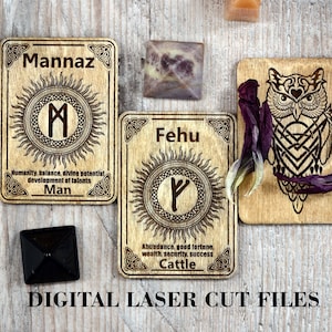 May include: Three wooden laser cut runes with a sun design and text describing the meaning of each rune. The runes are Mannaz, Fehu, and an owl. The text reads "Mannaz, Humanity, balance, divine potential, development of talents, Man", "Fehu, Abundance, good fortune, wealth, security, success, Cattle", and "Owl".
