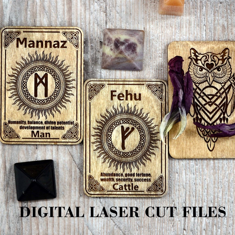 May include: Three wooden laser cut runes with a sun design and text describing the meaning of each rune. The runes are Mannaz, Fehu, and an owl. The text reads "Mannaz, Humanity, balance, divine potential, development of talents, Man", "Fehu, Abundance, good fortune, wealth, security, success, Cattle", and "Owl".