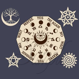 May include: A beige octagonal wooden board with a brown sun and moon design. The board is divided into sections with words like "Yes", "No", "Maybe", "Try Again", and "Wait". The board is surrounded by various symbols, including a tree, a star, and a sun.