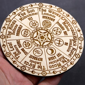 K&ouml;nnte beinhalten: Ein Holzrad mit einem Pentagramm in der Mitte und acht Abschnitten am Rand. Jeder Abschnitt hat einen Namen und ein Symbol. Die Namen sind "Die Sonne", "Die Wellen", "Kreuzung", "Schwarze Rune", "Der Mond", "Die V&ouml;gel", "Das Blatt", und "Die Ringe".