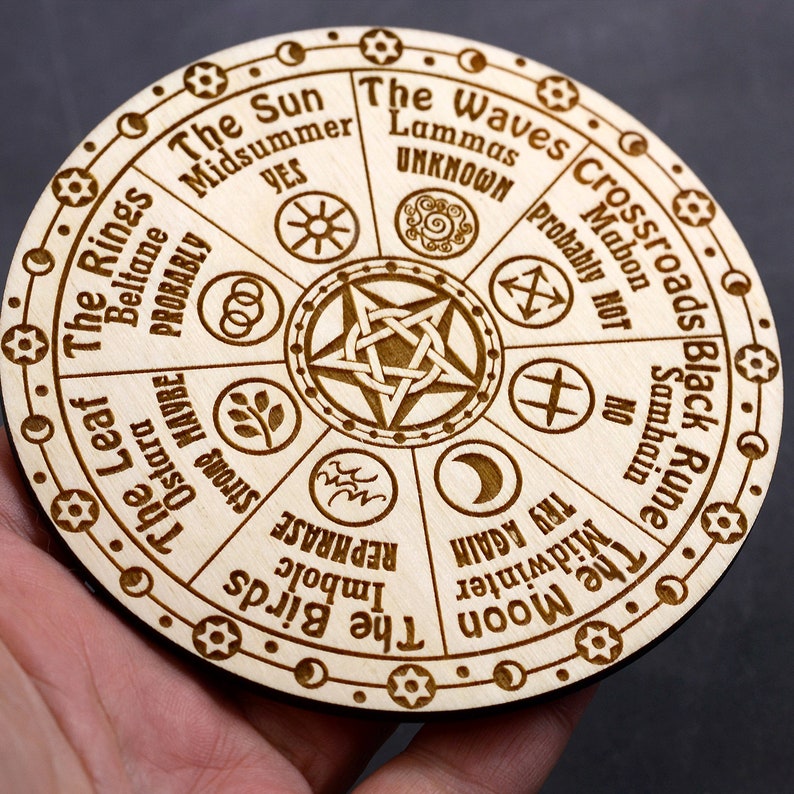 K&ouml;nnte beinhalten: Ein Holzrad mit einem Pentagramm in der Mitte und acht Abschnitten am Rand. Jeder Abschnitt hat einen Namen und ein Symbol. Die Namen sind "Die Sonne", "Die Wellen", "Kreuzung", "Schwarze Rune", "Der Mond", "Die V&ouml;gel", "Das Blatt", und "Die Ringe".