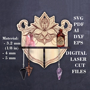 Mensola del pendolo di loto SVG Mandala Mensola di cristallo da parete file laser Mensola dell'altare svg File digitale GlowForge Materiale - 1/8" (3,2 mm), 4 mm, 5 mm