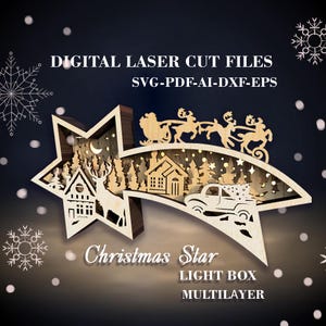 Christmas Star Lightbox SVG - Multilayer Shooting Star Laser Cut File with Santa and Flying Reindeer - Holiday Marquee Star Digital Download