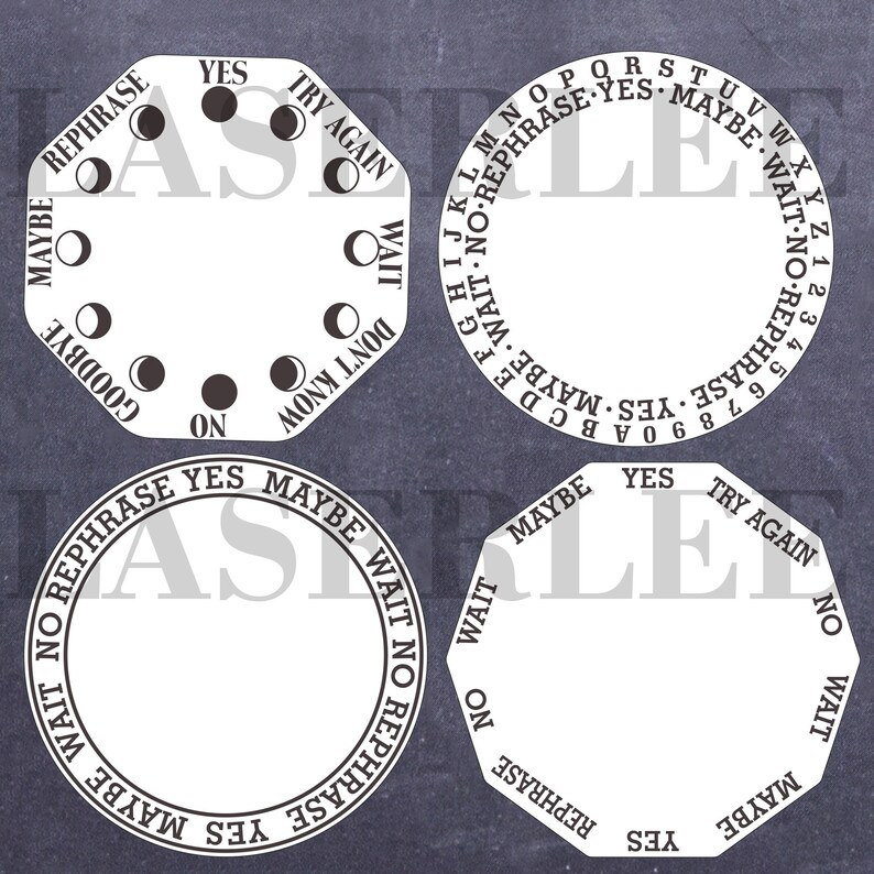May include: Four white octagonal and circular fortune teller game boards with black text and symbols. The boards have the words "Yes", "No", "Maybe", "Wait", "Try Again", "Rephrase", "Goodbye", and "Don't Know" printed on them.