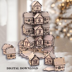Christmas Houses Advent calendar laser cut file Countdown calendar with snowflake stand and 25 mini boxes GlowForge files Lightburn Xtool image 2