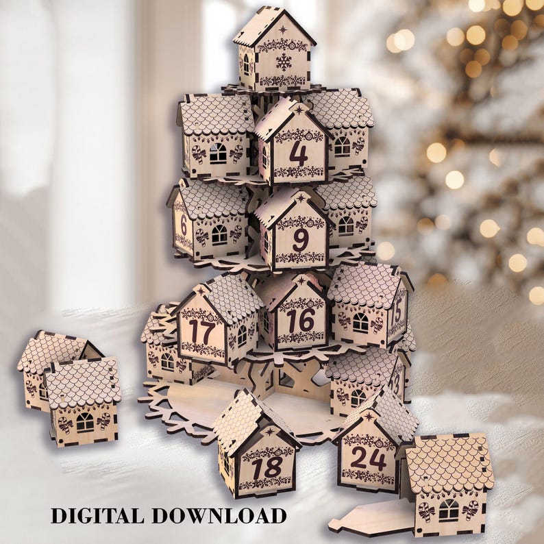 Christmas Houses Advent calendar laser cut file Countdown calendar with snowflake stand and 25 mini boxes GlowForge files Lightburn Xtool image 2