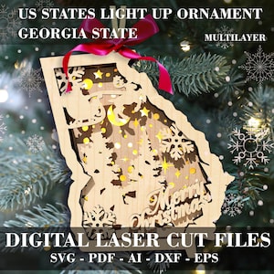 Georgia State ornament SVG Christmas Light up ornament laser file Multilayer ornament Flying Reindeer & Santa Digital GlowForge file Xtool