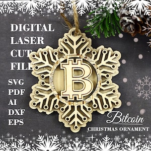 Adorno Bitcoin SVG, Adorno de copo de nieve de Navidad svg, Adorno criptográfico Archivos cortados con láser digital Archivos Glowforge *No es un elemento físico*