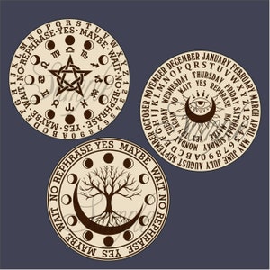 May include: Three circular divination boards with beige backgrounds and brown lettering. The boards feature a variety of symbols, including moons, stars, and a tree of life. The text on the boards includes the words "YES", "MAYBE", "WAIT", and "NO".