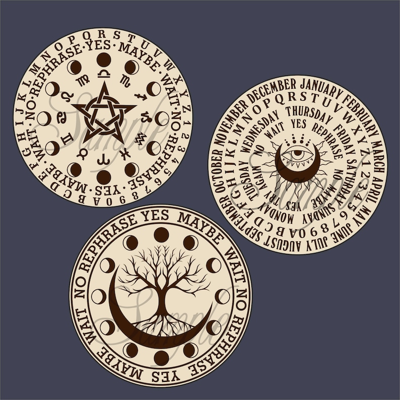 May include: Three circular divination boards with beige backgrounds and brown lettering. The boards feature a variety of symbols, including moons, stars, and a tree of life. The text on the boards includes the words "YES", "MAYBE", "WAIT", and "NO".