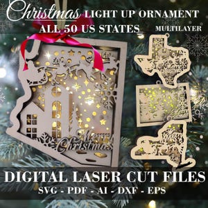 50 US State ornament SVG Christmas Light up ornament laser file Multilayer ornament Flying Reindeer & Santa Digital GlowForge file Xtool