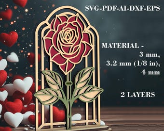 Stehende Rose SVG | Laser Cut Files für Dekoblume mit Ständer | Valentinstag Geschenk | Muttertags Geschenk | GlowForge-Dateien LightBurn
