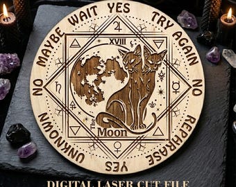 Occult Cat Pendulum Board SVG · Moon Tarot Witch Altar Decor · Digital Laser cut files