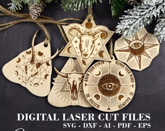 Mystic Pagan ornaments svg Set of 5 Yule tree ornaments svg Witchcraft  decor Digital Laser cut GlowForge files  *Not A Physical Product*