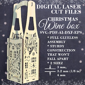 Peut inclure: Une boîte à vin de Noël en bois découpée au laser avec une poignée, ornée de motifs de maisons et de flocons de neige. La boîte comprend le texte "Warm Wishes Merry Christmas" et "Christmas Wine box". Les dimensions sont 3 mm, 3.2 mm (1/8 in), et 4 mm.