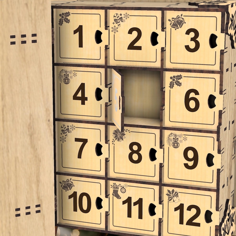 Peut inclure: Calendrier de l'Avent en bois avec douze compartiments num&eacute;rot&eacute;s, chacun avec une petite poign&eacute;e circulaire. Les chiffres sont en gras et chaque compartiment est d&eacute;cor&eacute; d'illustrations sur le th&egrave;me de No&euml;l. Une porte est ouverte.