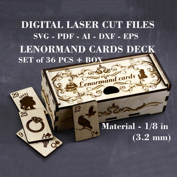 Hölzernes Lenormand Kartendeck SVG Set mit 36 Stück mit Geschenkbox SVG Weissagungswerkzeug Digitale lasergeschnittene Datei GlowForge Dateien LightBurn Dateien